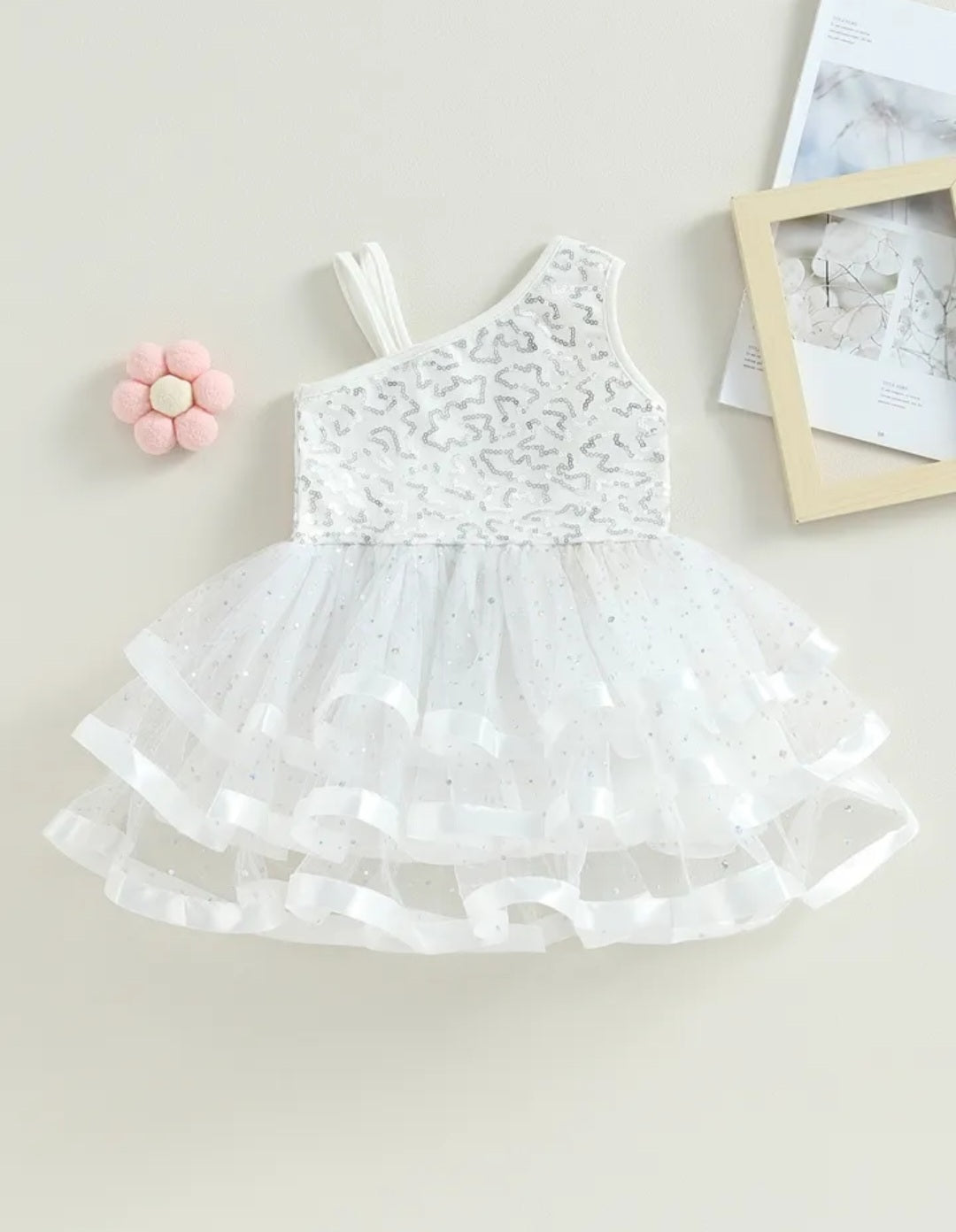 White Ruffle Silver Sequins Special Occasions Dress #1000276