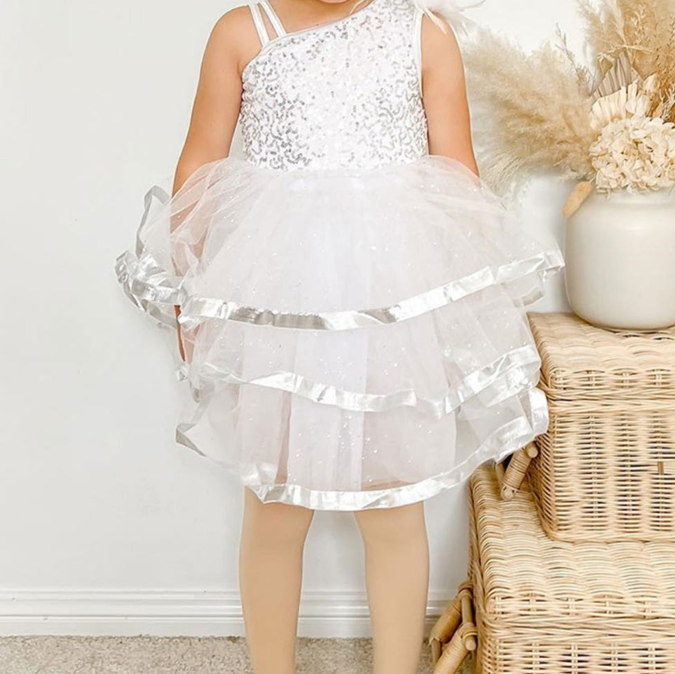 White Ruffle Silver Sequins Special Occasions Dress #1000276