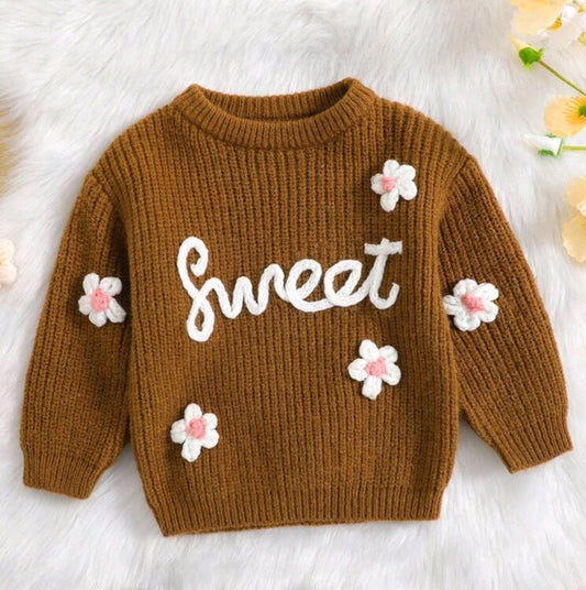 Sweet Toffee Knitted Sweater with Floral Detail #1000241
