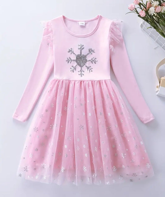 Pink Snow Princess Dress with Embroidered Snowflake #1002002