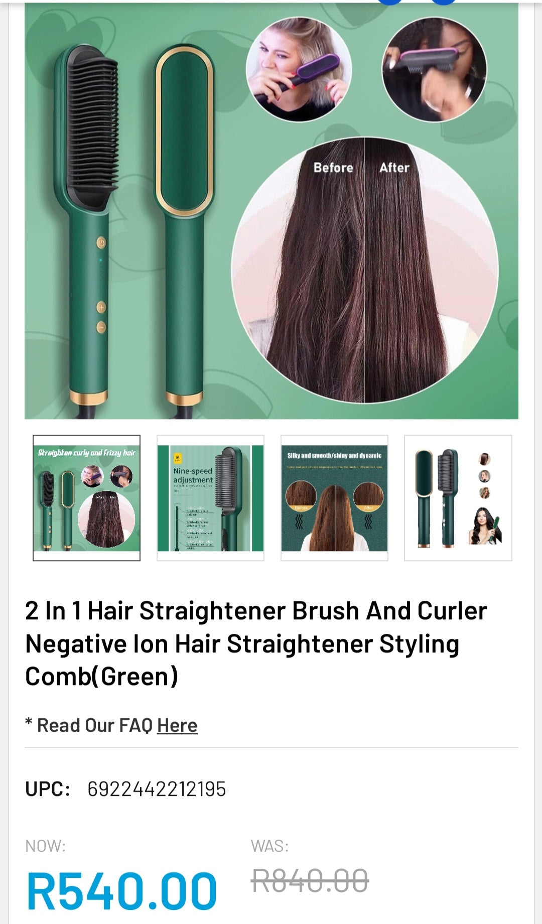 Hair Straightener Comb One-Step Hair Straightening Brush FH909 - White.  Hair Straightener Comb One-Step Hair Straightening Brush - Green #80004