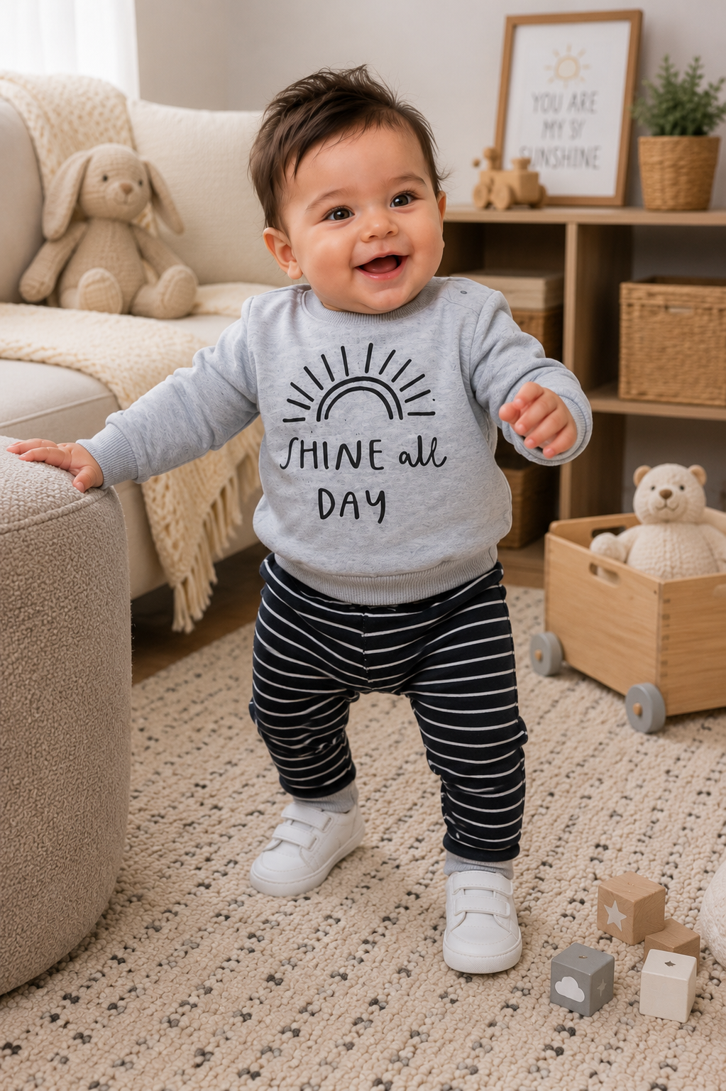 Shine All Day Gray Crewnek Top and Striped Pants #2000339