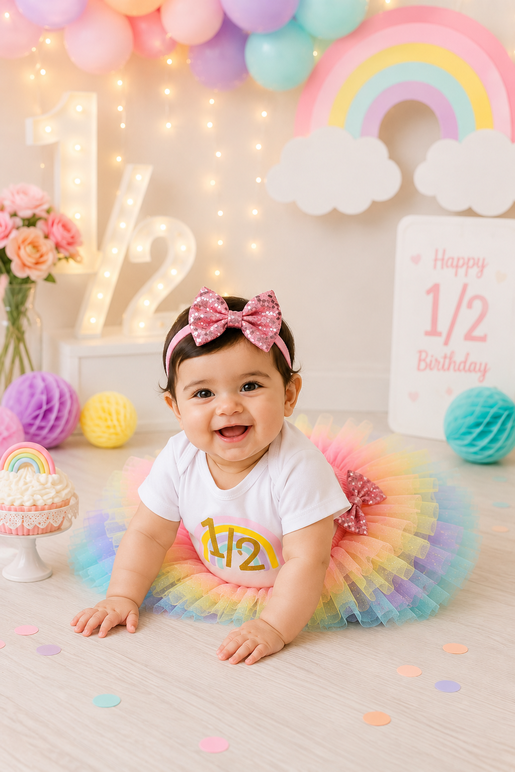 1/2 Birthday Rainbow Romper with Rainbow Ruffle Bloomer and Headband #1001174