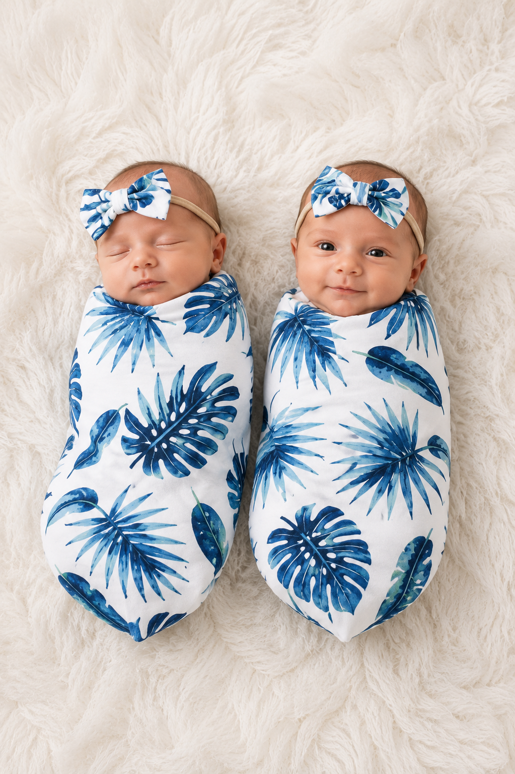 Blue Monstera Leaf Swaddle Bag and Headband #4000241