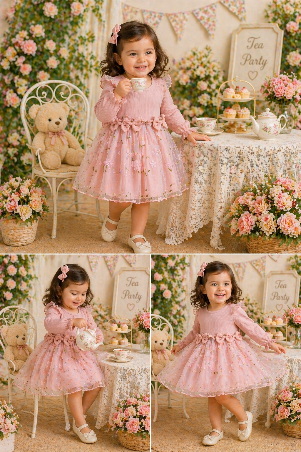 Ribbed Long Sleeve Dusty Pink Dress with Floral Detail #1001118