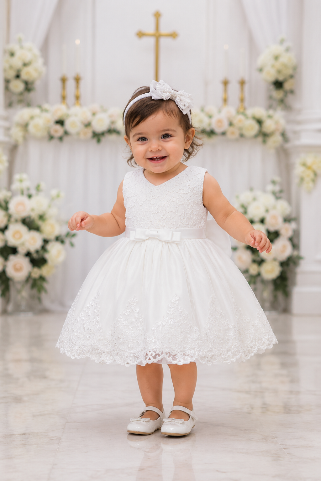 White Lace Dress and Headband with Diamante Detail #1000997