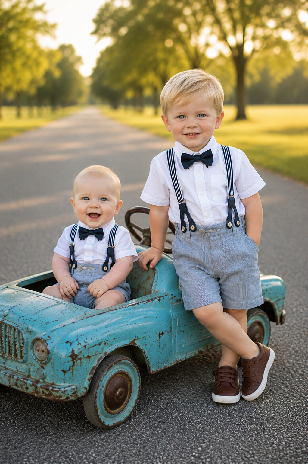 Gentleman Suit White Short Sleeve Shirts with Shorts, Suspenders and Bowtie #200069