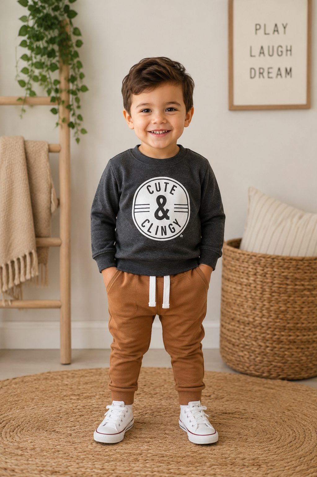 Gray Cute & Clingy Crewnek Top and Toffee Pants #2000340