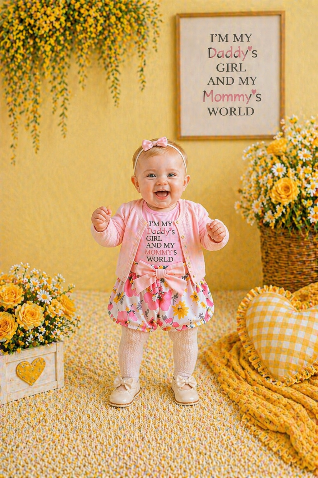 Daddy's Girl Mommy's World Pink Ruffle Romper with Floral Bloomer and Headband #1000874