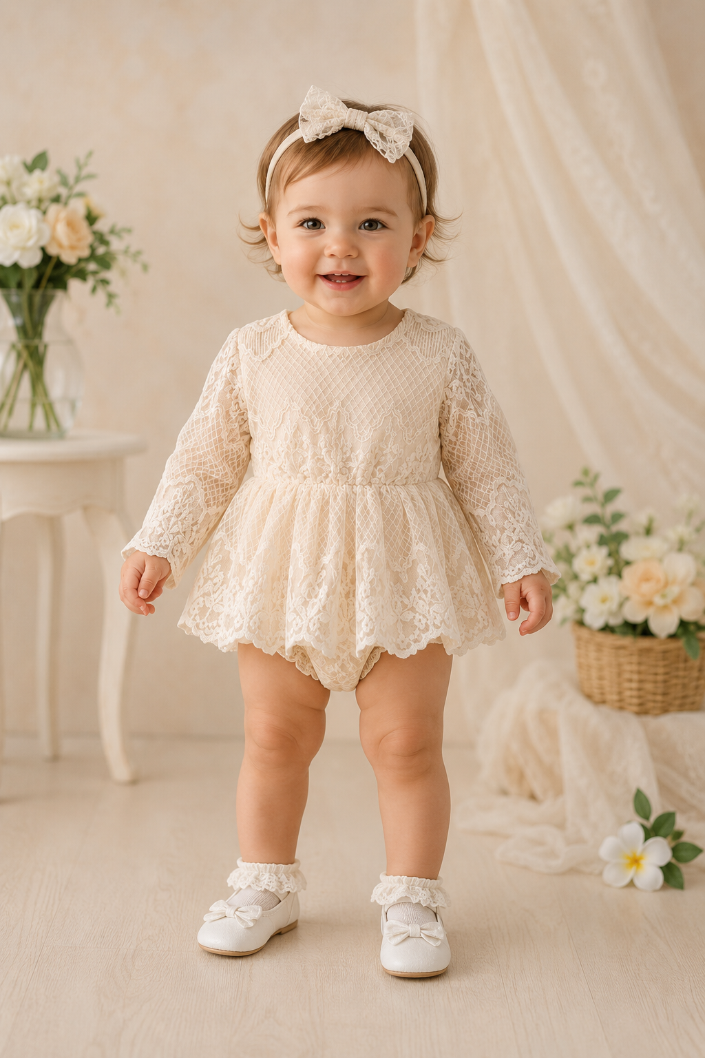 Off White Lace Romper Dress with Pichwork Plaid Skirt #10020036