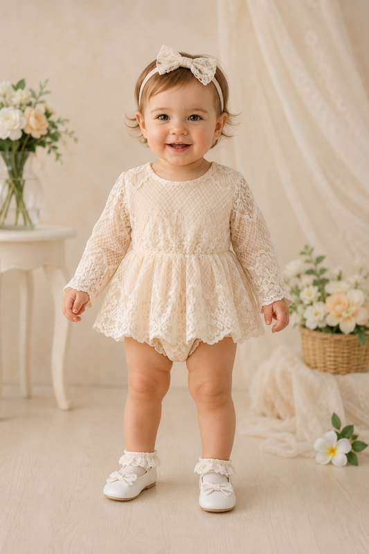 Off White Lace Romper Dress with Pichwork Plaid Skirt #10020036