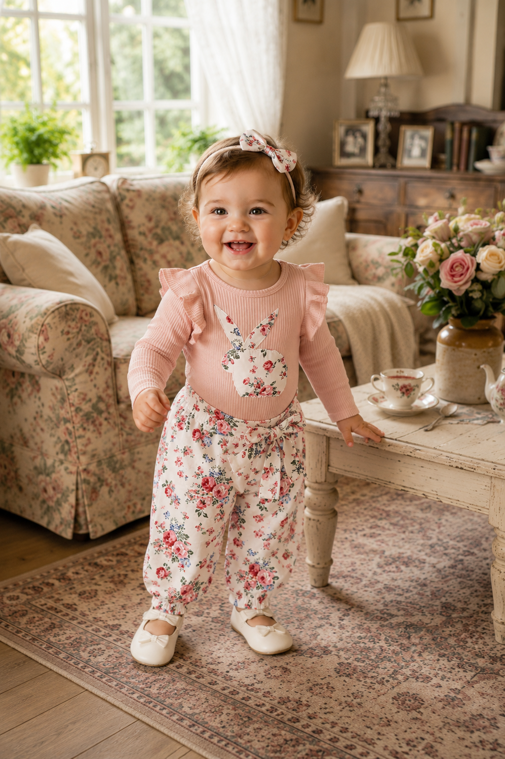 Ribbed Bunny Floral Romper and Bowknot Pants #100074