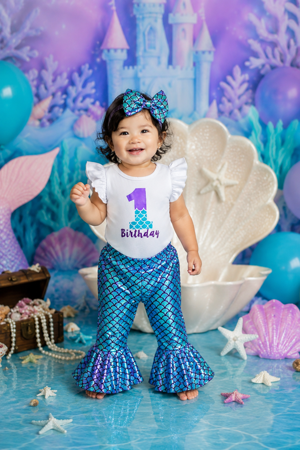 First Birthday Ruffle Sleeve Romper with Mermaid Bell Bottoms and Headband  #1000206
