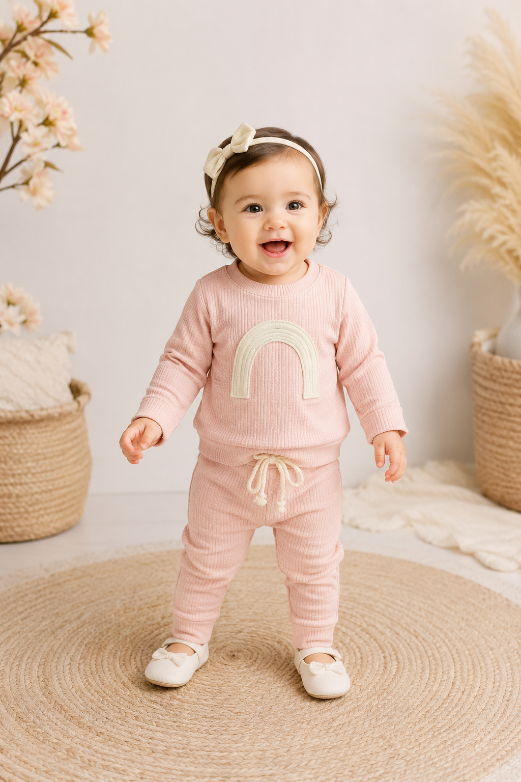 Pink Crewneck Ribbed Rainbow Tracksuit  #100098