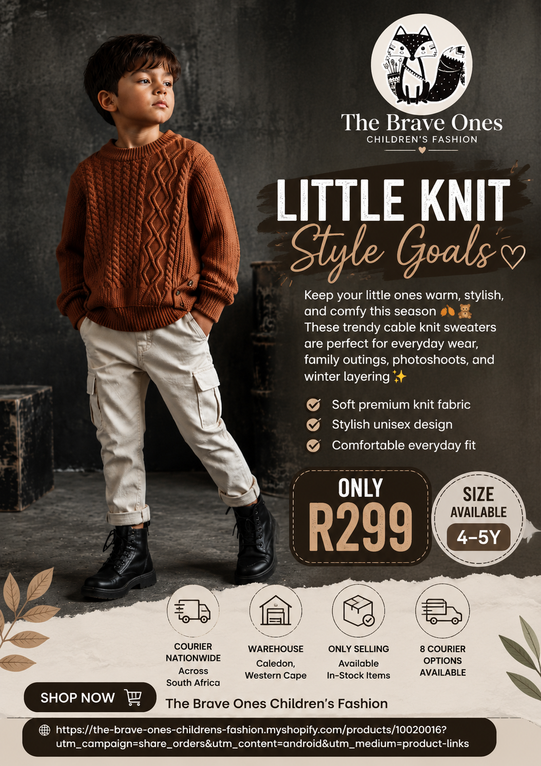 Mocha Cable Knited Crew Neck Sweater; Gender Neutral #10020016