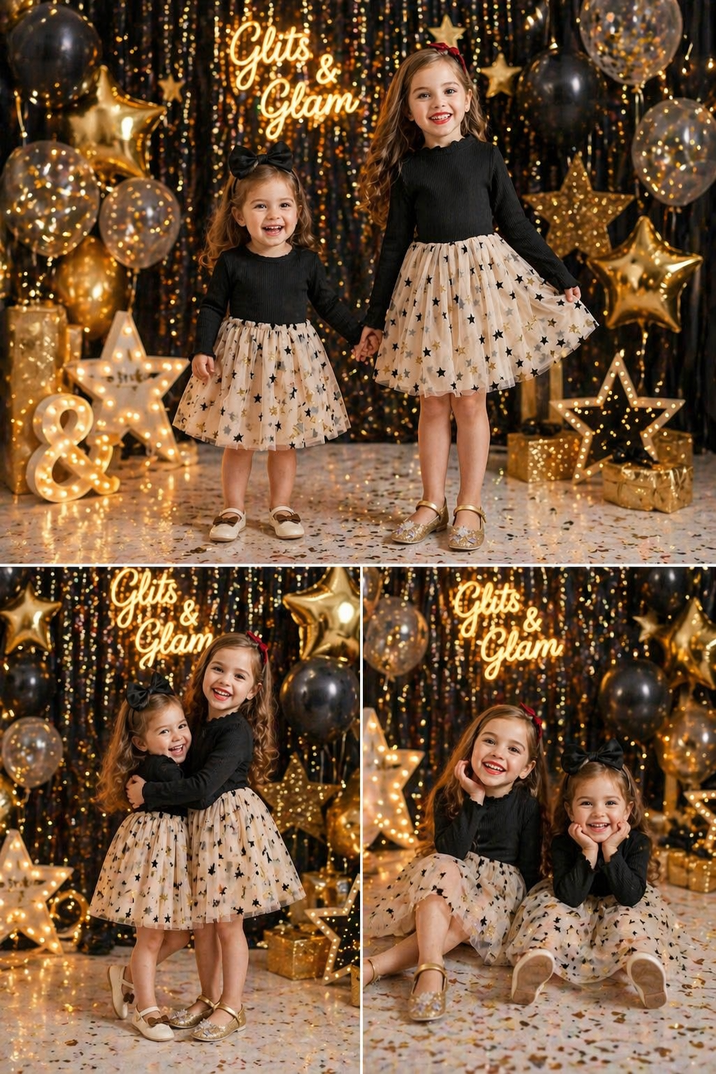 Long Sleeve Black and Gold Star Dress with Headband #1001112