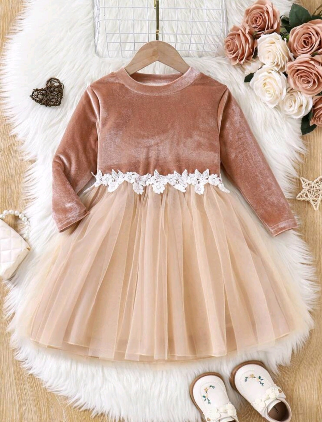 Apricot Velvet Long Sleeve Floral Dress #1001143
