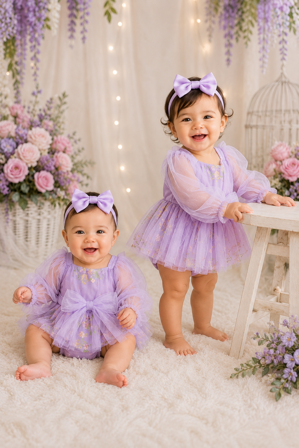 Purple Embroidered Long Sleeve Romper and Headband #10020034
