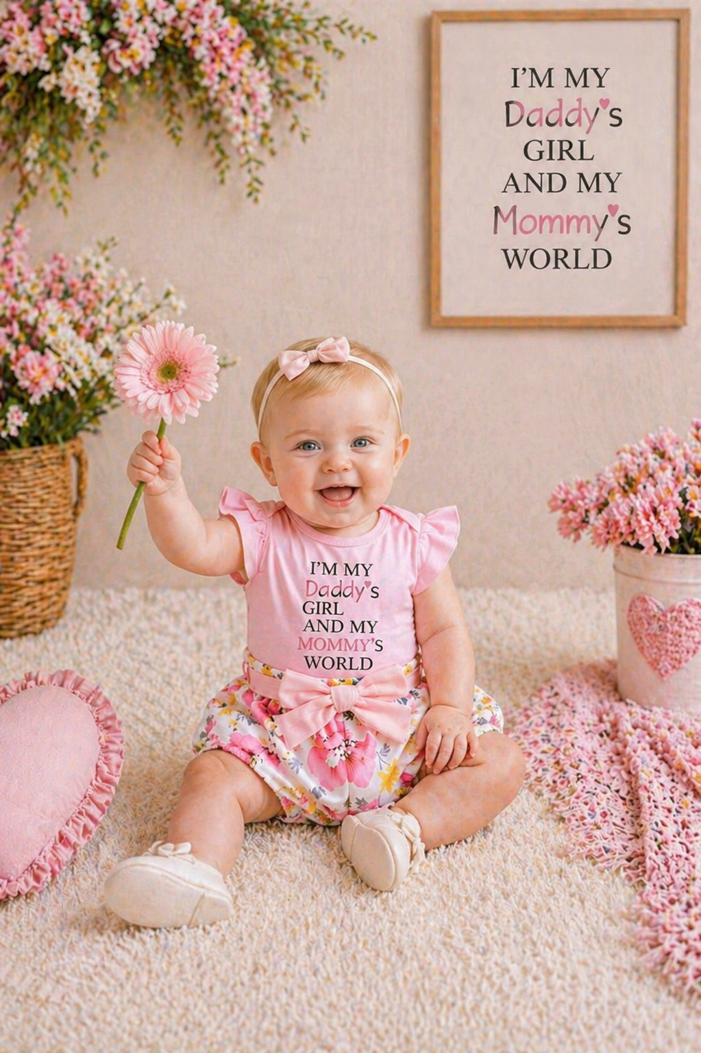 Daddy's Girl Mommy's World Pink Ruffle Romper with Floral Bloomer and Headband #1000874