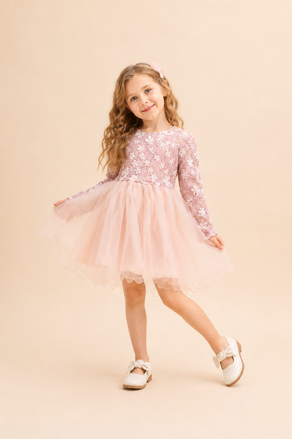 Dusty Pink Long Sleeve Floral Dress #1001111