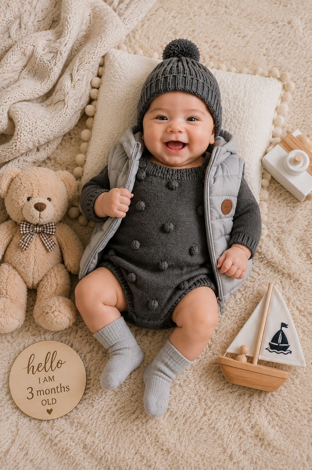 #1000890 Gray Popcorn Knitted Romper