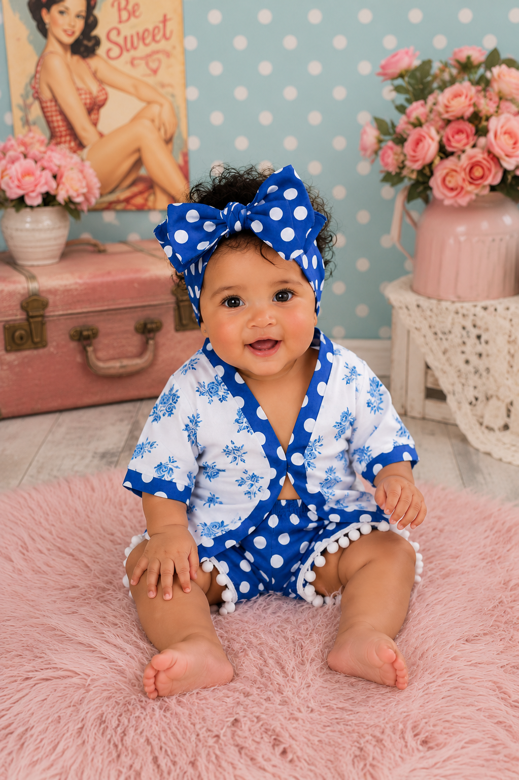 Royal Blue Floral Kimono with Bloomer and Headband #1000659
