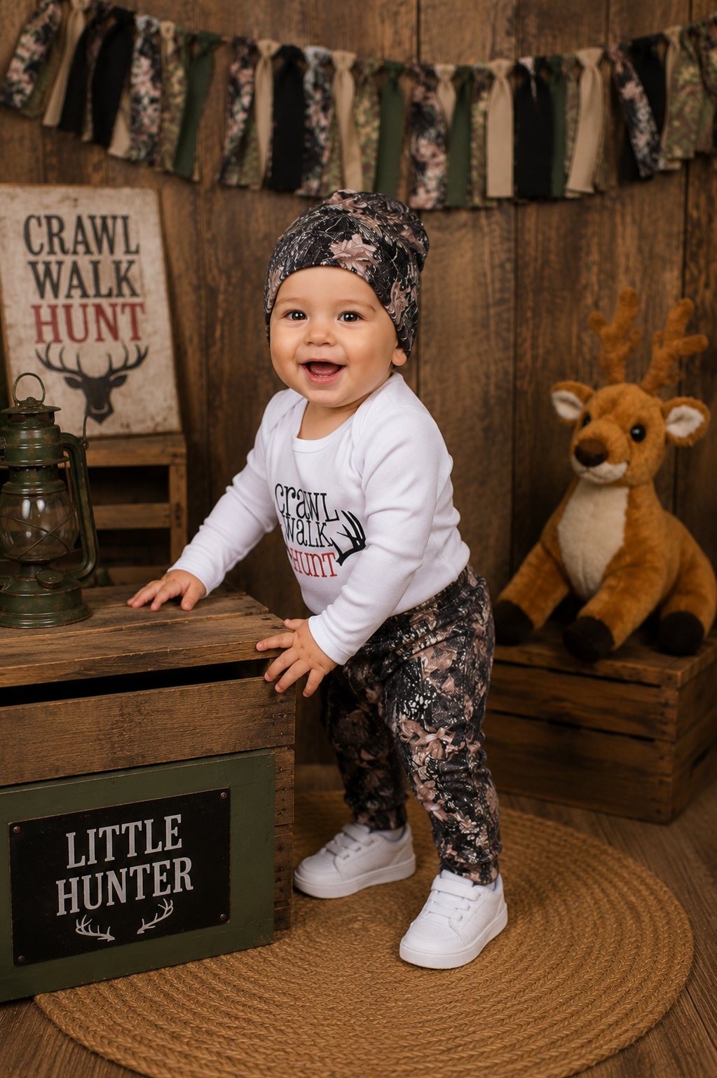 Crawl, Walk, Hunt Romper with Camo Pants and Beanie #2000127