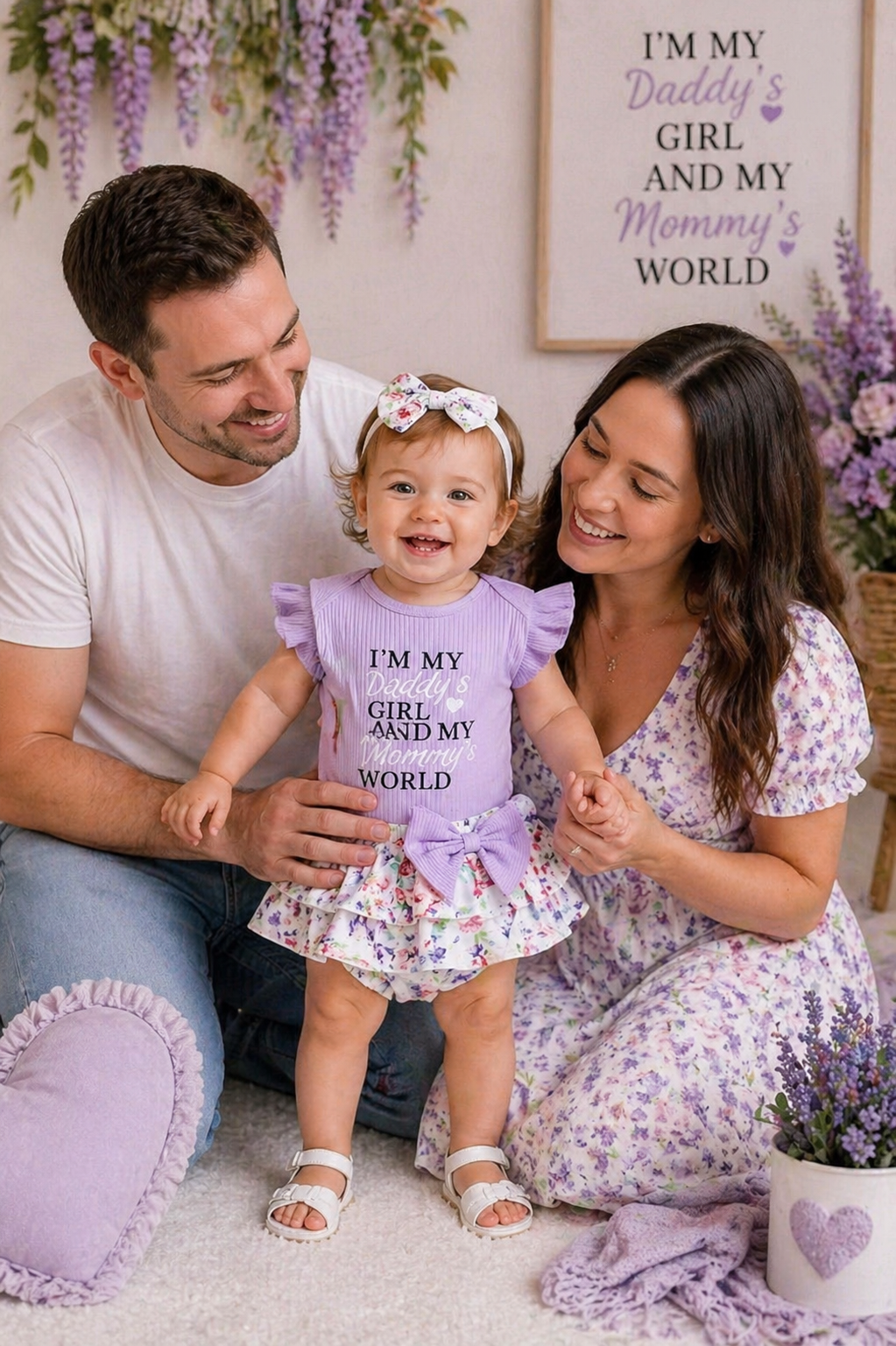 Daddy's Girl Mommy's World Purple Ruffle Romper with Floral Bloomer and Headband  #1000860
