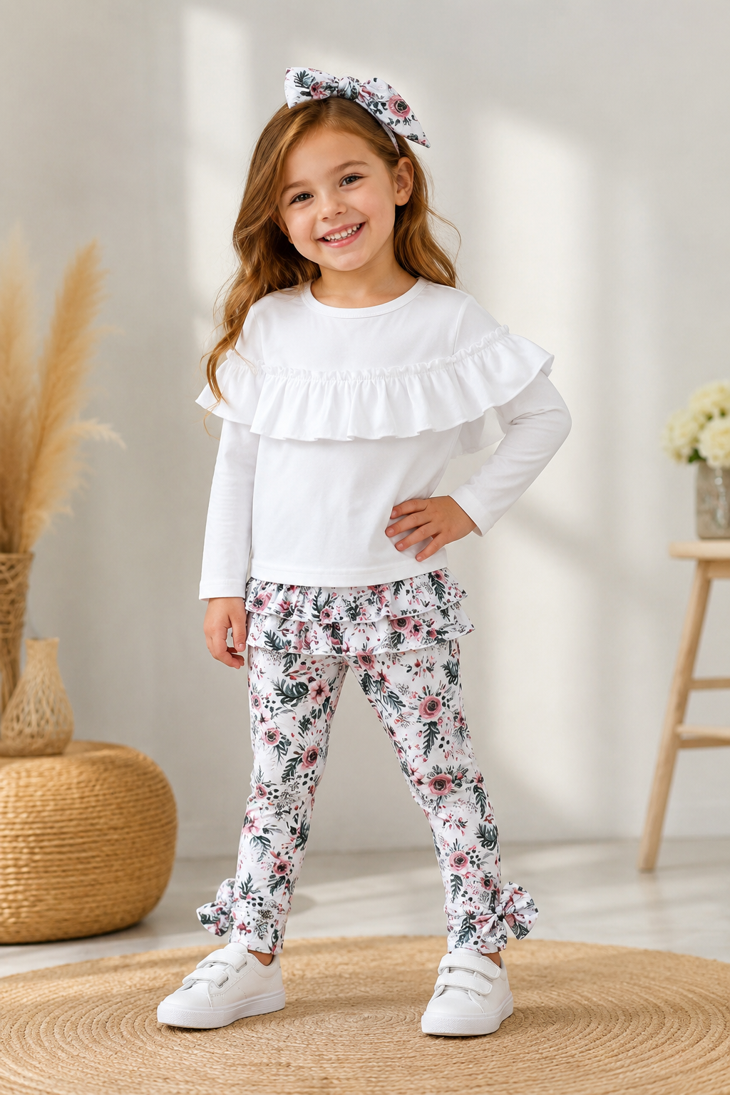 White Ruffle Top with Florral Leggings and Headband #100054