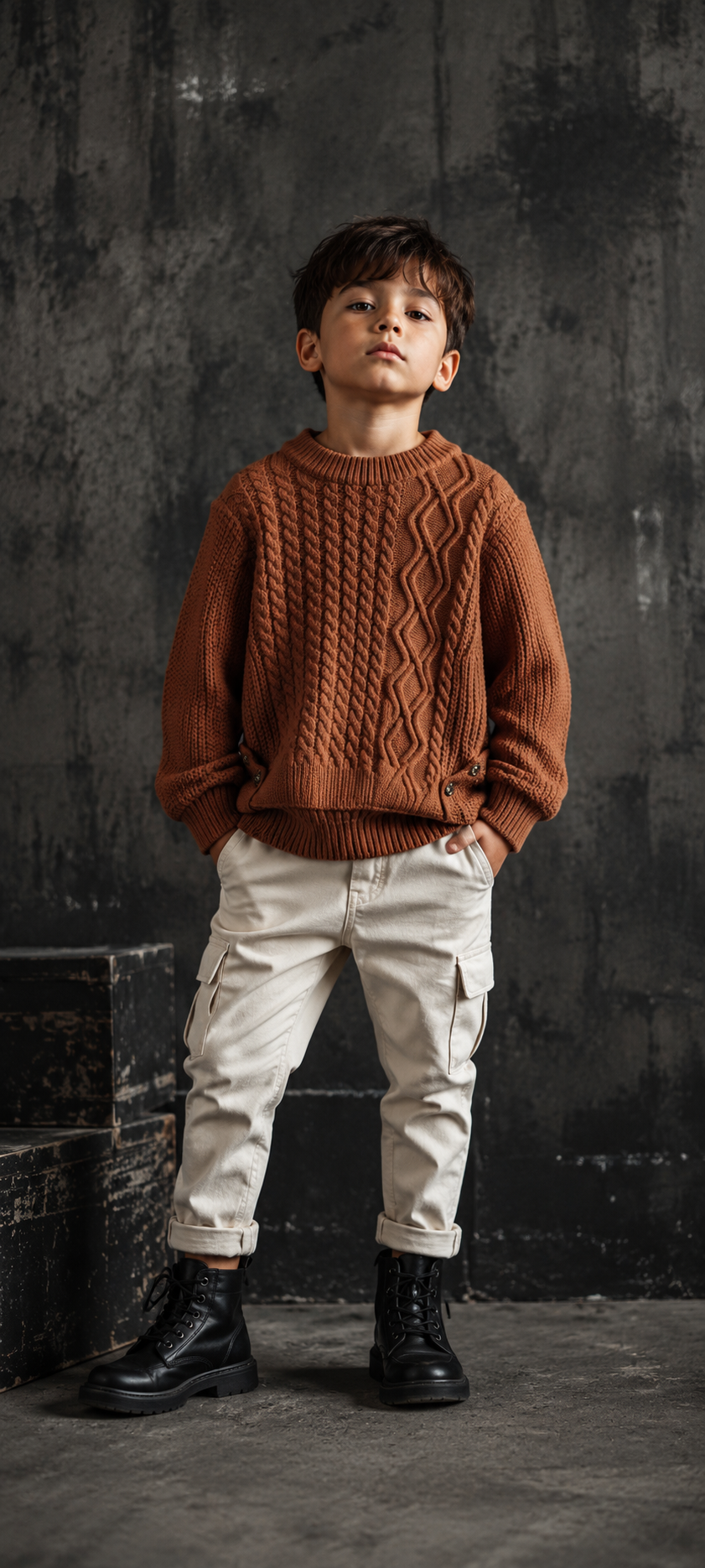 Mocha Cable Knited Crew Neck Sweater; Gender Neutral #10020016