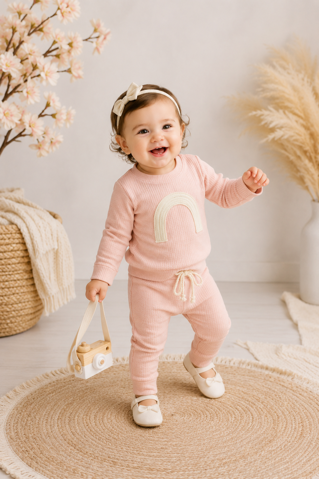 Pink Crewneck Ribbed Rainbow Tracksuit  #100098