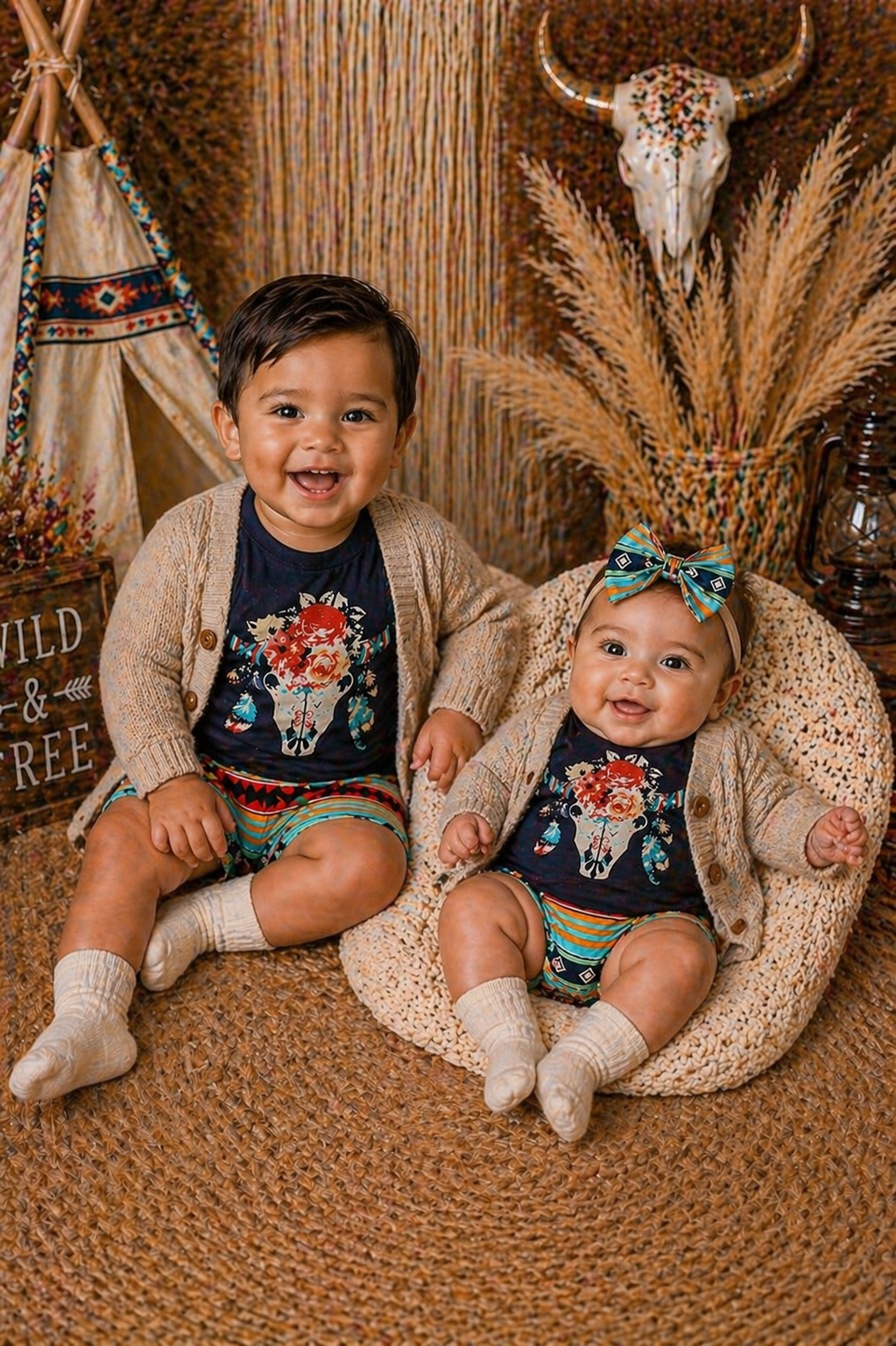 #1001180 Bucramium, Navy Boho Cow Skull T-shirt Bloomer and Headband