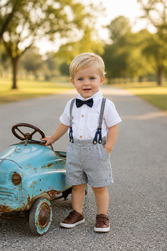 Gentleman Suit White Short Sleeve Shirts with Shorts, Suspenders and Bowtie #200069