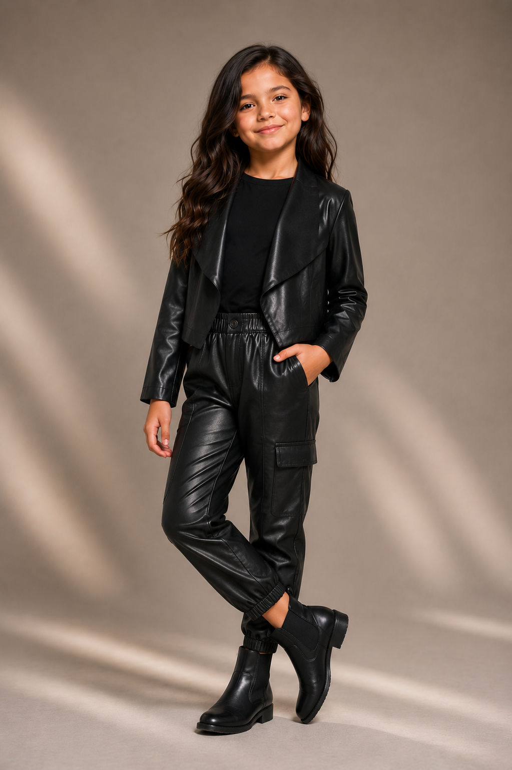 #1000976 Black PU Leather Waterfall Jacket