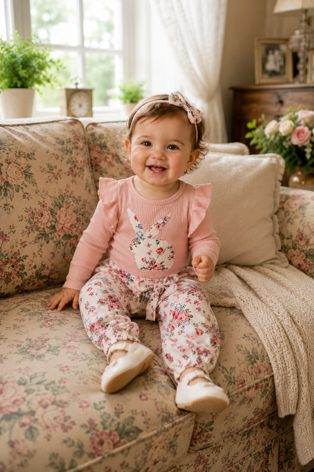 Ribbed Bunny Floral Romper and Bowknot Pants #100074