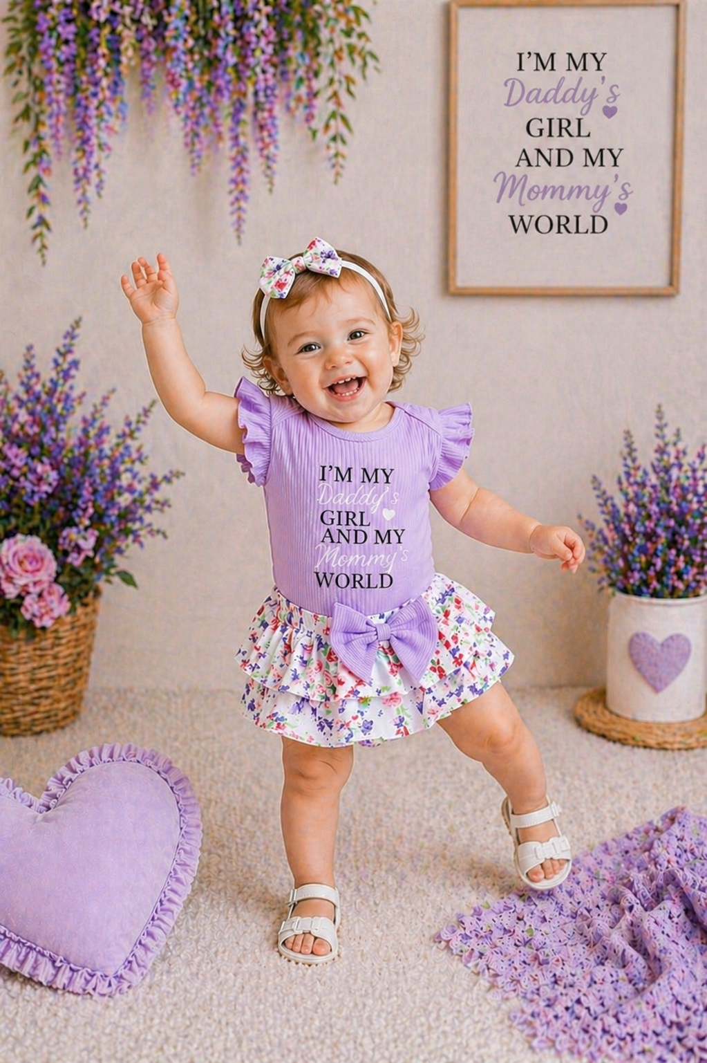 Daddy's Girl Mommy's World Purple Ruffle Romper with Floral Bloomer and Headband  #1000860