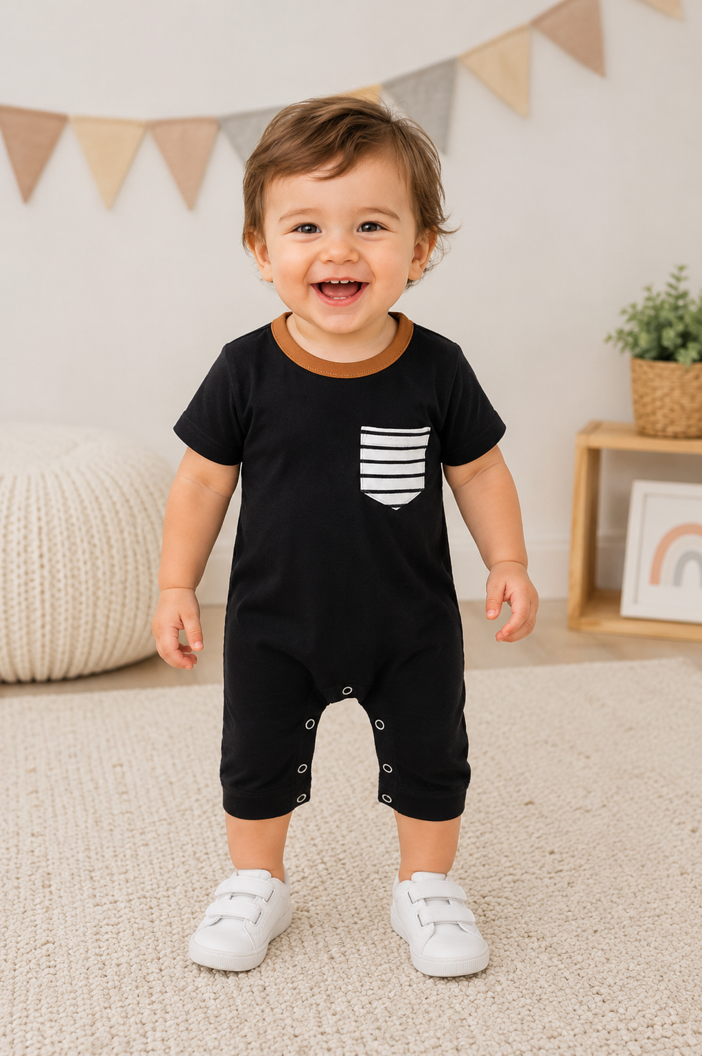 Black Romper with Striped Pocket and Caramel Crewneck, Gender Neutral #2000300