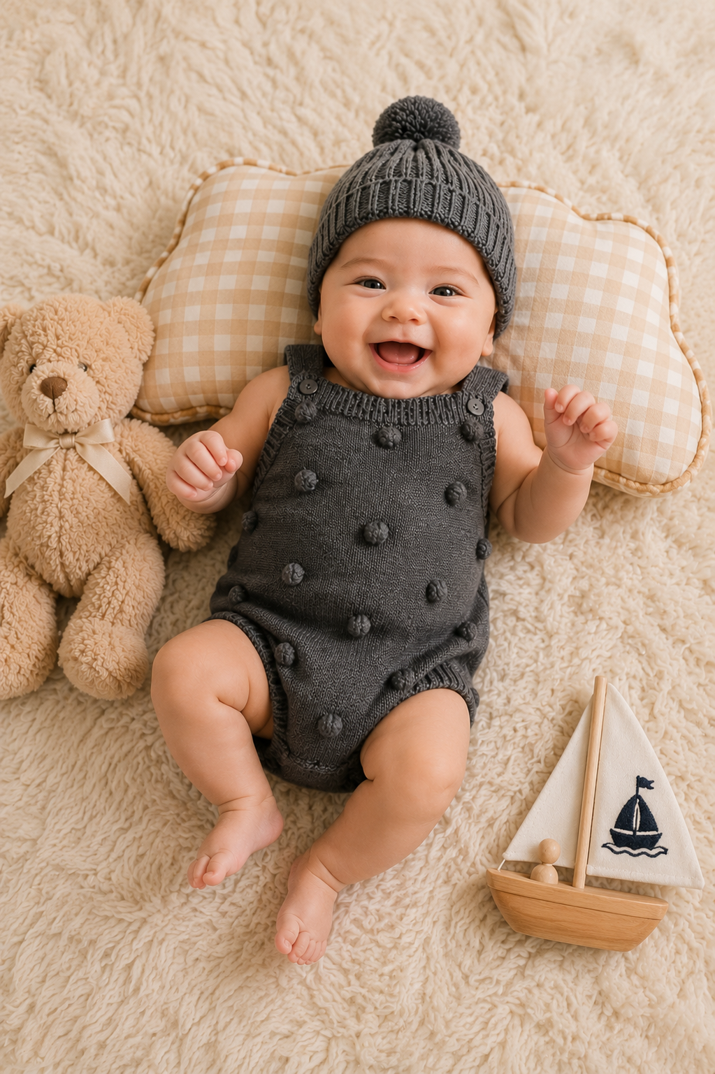 #1000890 Gray Popcorn Knitted Romper