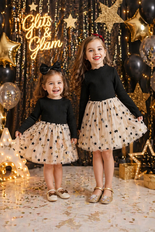Long Sleeve Black and Champaign Star Dress #10020024