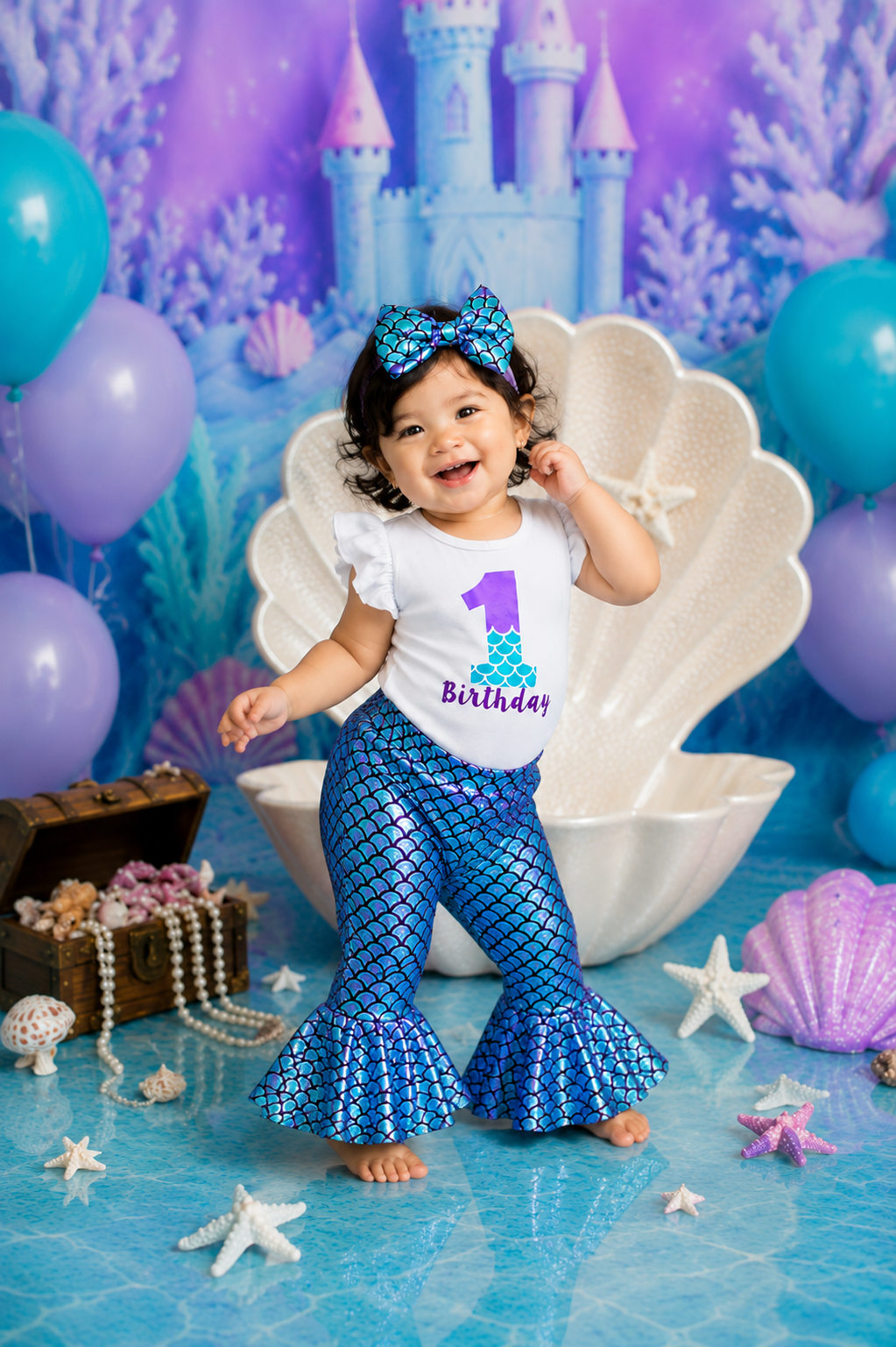 First Birthday Ruffle Sleeve Romper with Mermaid Bell Bottoms and Headband  #1000206