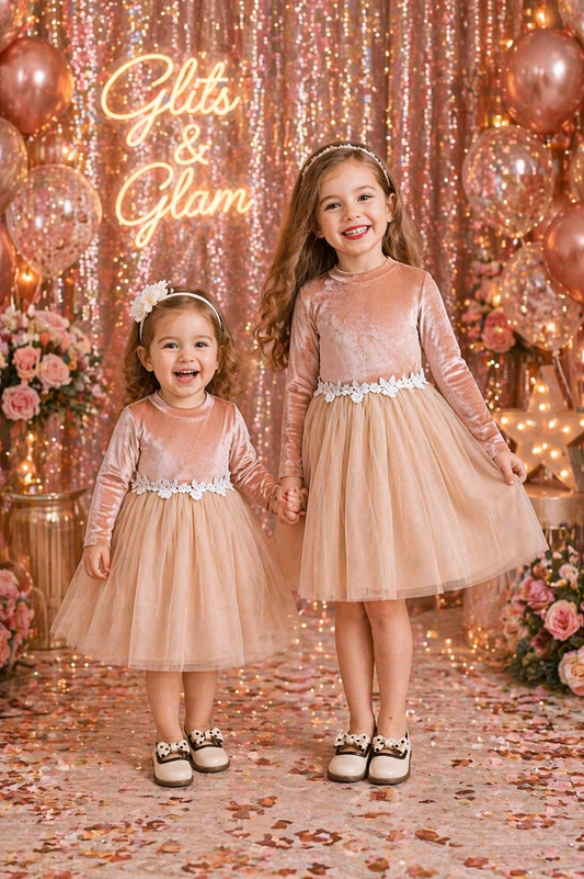 Apricot Velvet Long Sleeve Floral Dress #1001143
