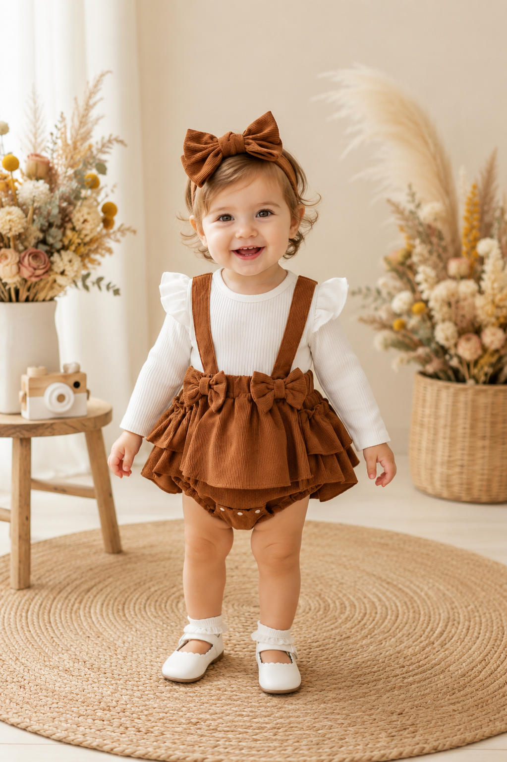 Ribbed White Romper with Brown Corduroy Suspended Bloomer (Overall) and Headband #1000292