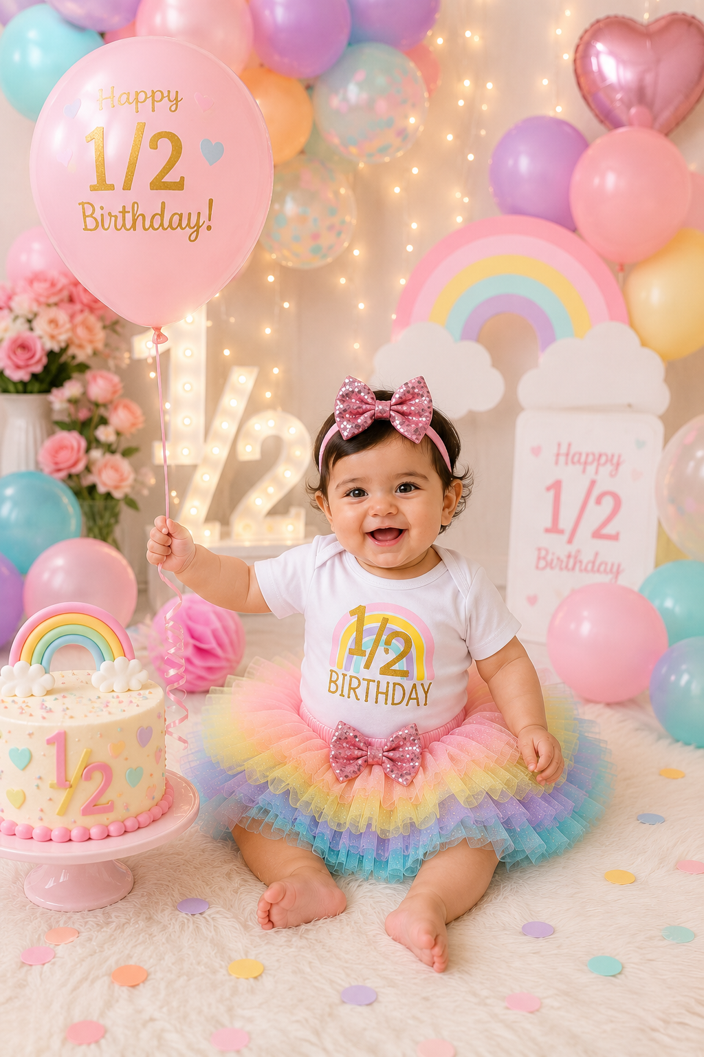 1/2 Birthday Rainbow Romper with Rainbow Ruffle Bloomer and Headband #1001174