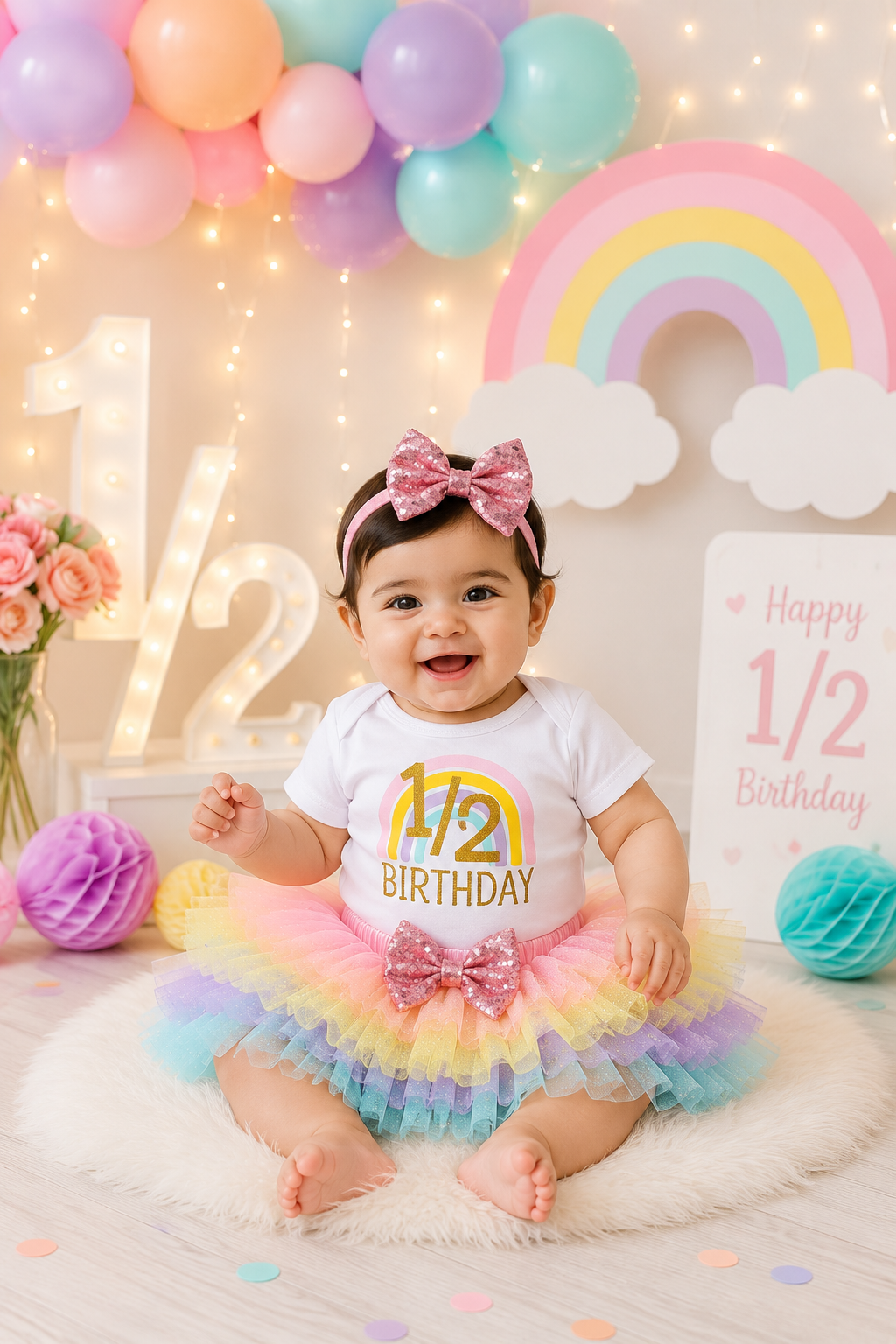 1/2 Birthday Rainbow Romper with Rainbow Ruffle Bloomer and Headband #1001174