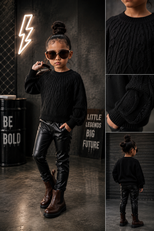 Black Crewnek Cable Knited Sweater 1PSC Gender Neutral  #1000216