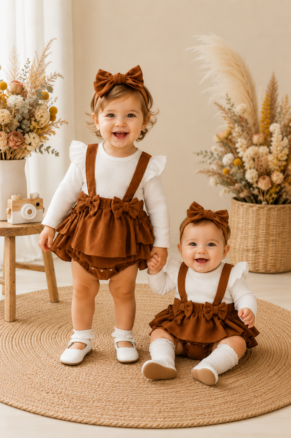 Ribbed White Romper with Brown Corduroy Suspended Bloomer (Overall) and Headband #1000292