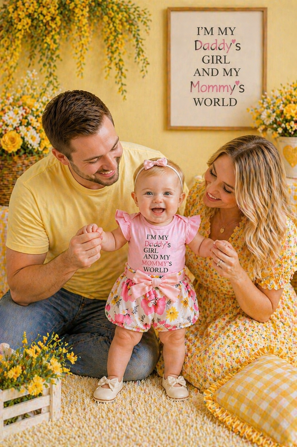 Daddy's Girl Mommy's World Pink Ruffle Romper with Floral Bloomer and Headband #1000874