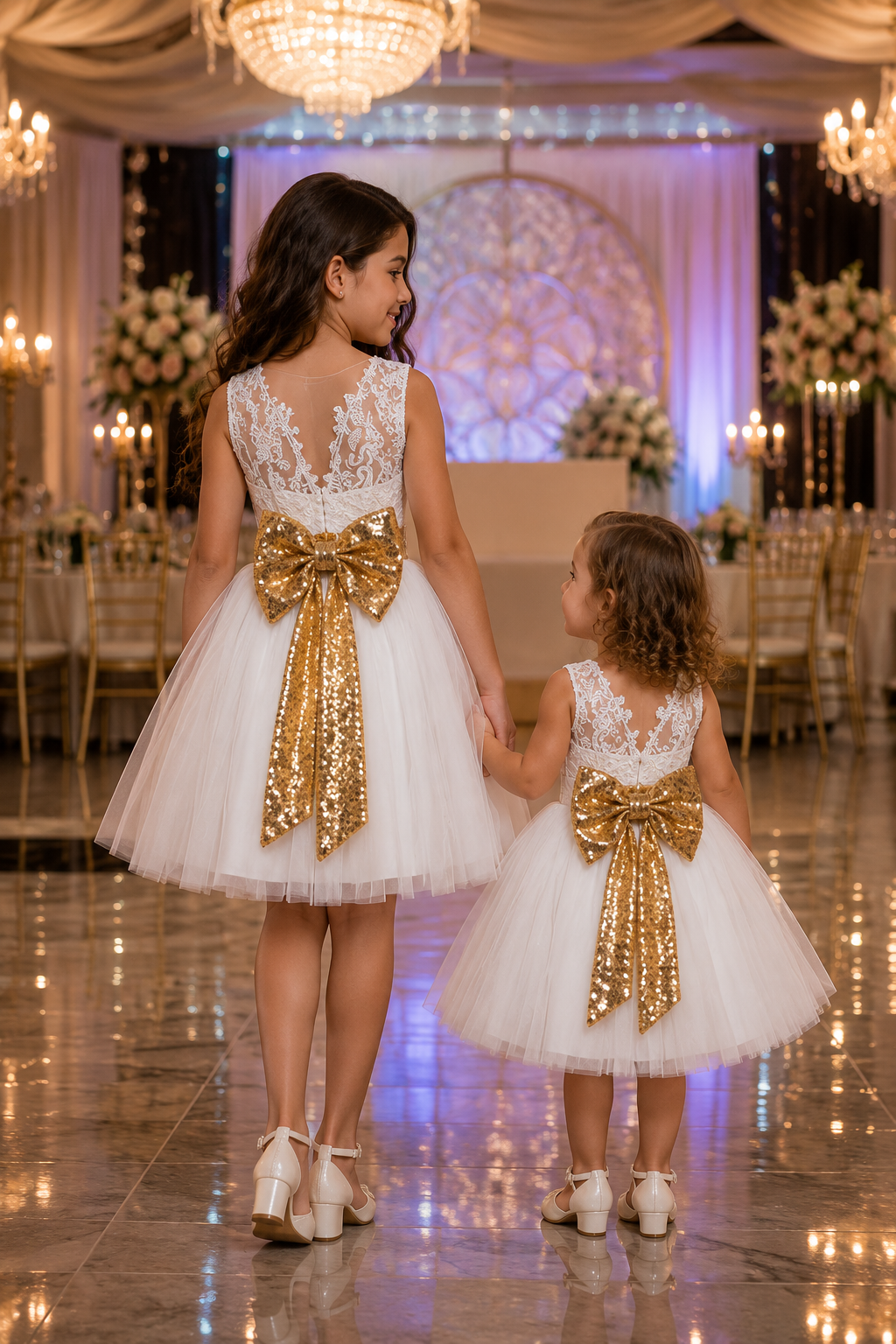 White Lace Tutu Dress with Gold Sequins Bow #1000314
