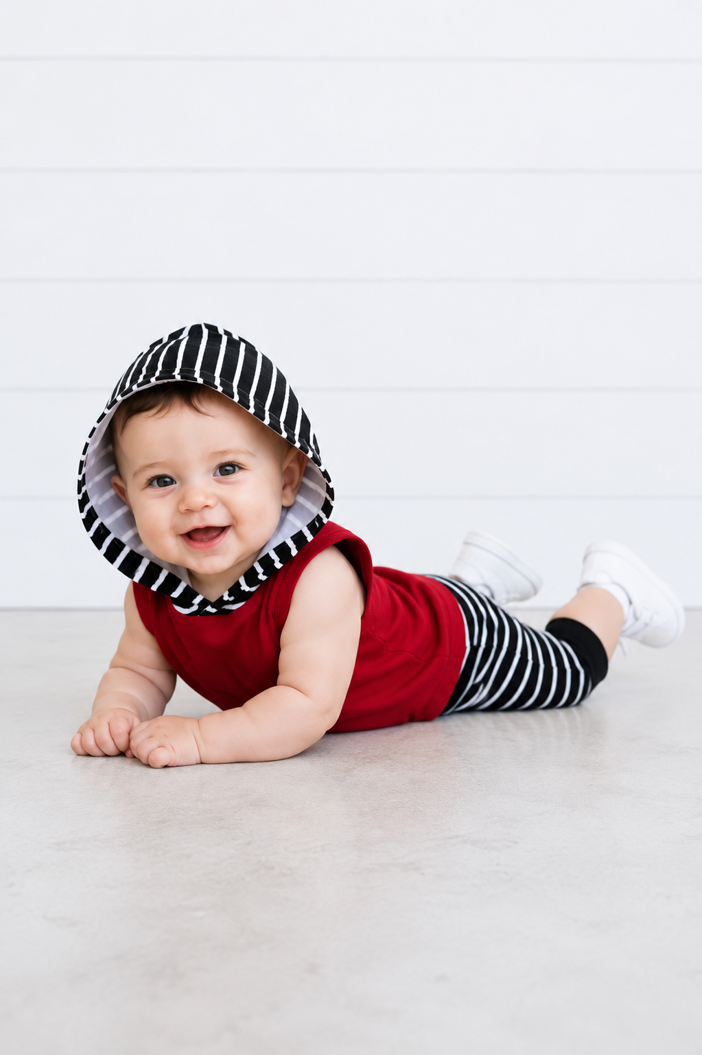 Burgundy Hoodie Sleeveless Top and Striped Shorts #2000139