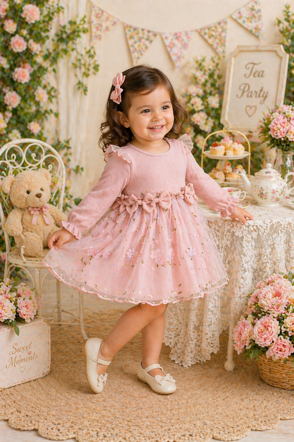 Ribbed Long Sleeve Dusty Pink Dress with Floral Detail #1001118